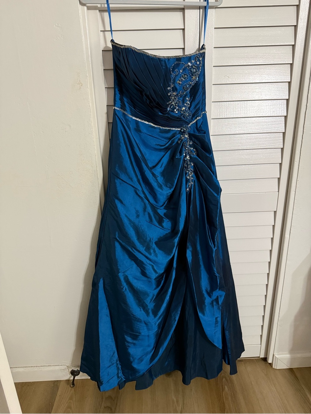 May Queen Teal Strapless Beaded Evening Gown